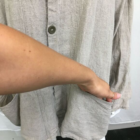 Flax Tan 100% Linen Oversized Lagenlook Button Shirt Jacket Shaket L - Picture 9 of 13